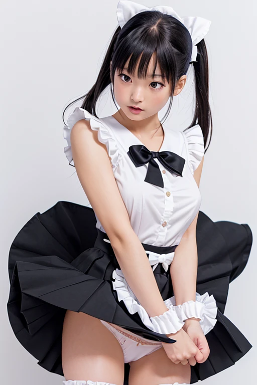  Realistic image of a Japanese girl standing who loves Sailor Moon and maid costumes　 Slim Body　(black dress with lots of ruffles and bows)　( Lift Your Skirt By Yourself :1.3)　(I'm exposing my panties:1.3)　( High Rise White Cotton Panties:1.2)　 Overknee So...