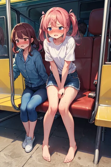 (ultra-detailed, best quality, anatomically perfect body), (full body:1.2), (white tight shirt:1.3), (denim short:1.3), (sitting:1.3), (full of people:1.4), (on a bus), (leg double-crossed:1.6),(hand between legs:1.3), (have to pee:1.1),(urge to pee:1.3), ...