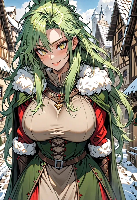 female,  alone,  long hair, wild hair,  green hair, scars,  golden eyes, Muscular:1.3, extremely high, giantess,  Mischievous Smile Dress,  huge breasts, Village leader , tall female, medieval, small town,  winter, fur lining , tight to the body,  fur-line...