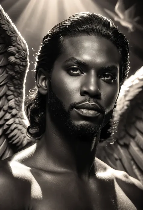 Black Lucifer in heaven in front of the angels, monochrome, retro, sepia toned, heavy shadows, (best quality,4k,8k,highres,masterpiece:1.2),ultra-detailed,(realistic,photorealistic,photo-realistic:1.37),HDR,UHD,studio lighting,extremely detailed portrait,e...