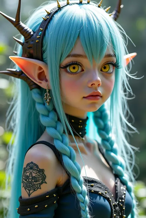 A young girl with long light blue hair, with two long braids. She has yellow eyes . She wears a lot of ear piercings . She also has a tattoo on her shoulder . full body costume.