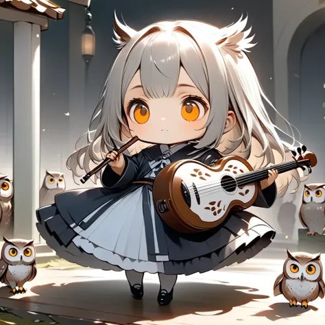 ( Masterpiece,  top quality:1.2),  miniature girl,  owl under guard,Hzk,Owl Girl , playing instrument 