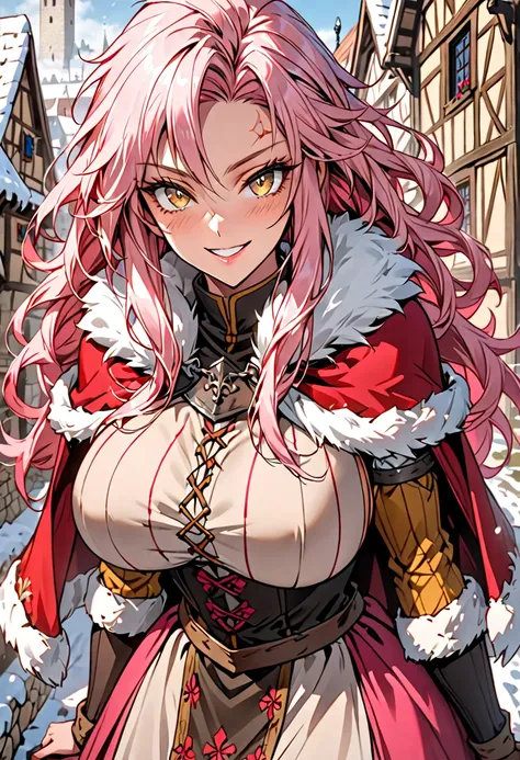 female,  alone,  long hair, wild hair,  pink hair, scars,  golden eyes, Muscular:1.3, extremely high, giantess,  Mischievous Smile Dress,  huge breasts, Village leader , tall female, medieval, small town,  winter, fur lining , tight to the body,  fur-lined...