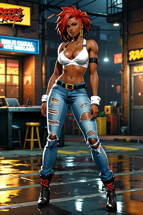 Cherry Hunter, Streets of Rage 4, beautiful black man with red hair, wearing ripped blue jeans ,  big breasts. She wears white armbands , black 
 bra under a yellow shirt, wears black high-heeled boots.