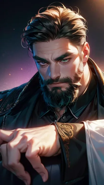 (   league player ,4K,8k,   highres,   masterpiece :1.2),   ultra-detailed  ,(realistic,photorealistic,photo-realistic:1.37),36-year-old man,3 day beard,Beautiful anime,Portraits,strong,Masculine,   with dark hair  ,sharp jaw,    mesmerizing green eyes   ,...