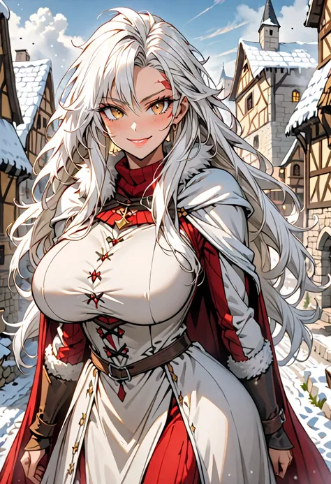 female,  alone,  long hair, wild hair,  white hair, scars,  golden eyes, Muscular:1.3, extremely high, giantess,  Mischievous Smile Dress,  huge breasts, Village leader , tall female, medieval, small town,  winter, fur lining , tight to the body,  fur-line...