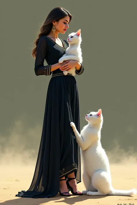 Beautiful woman wearing Black Punjabi suit and heels and  standing on the ground and holding beautiful Wight cat