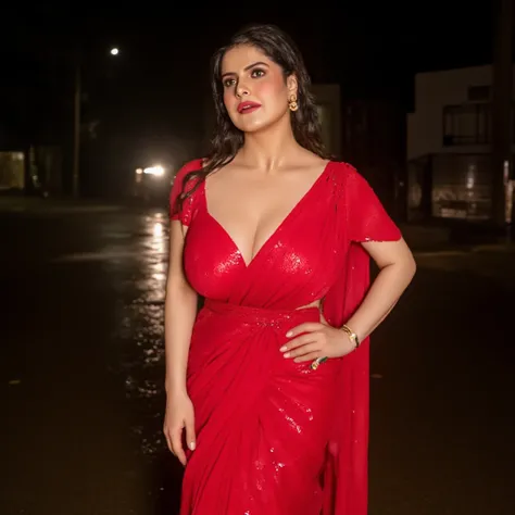 Pretty like princess, Busty fair skinned woman crying forcefully dragged by the a woman by catching her one arm in a rain  and getting herself drenched from the rain water in the middle of a night road,she is wearing red sequin silk shiny saree on a shiny ...