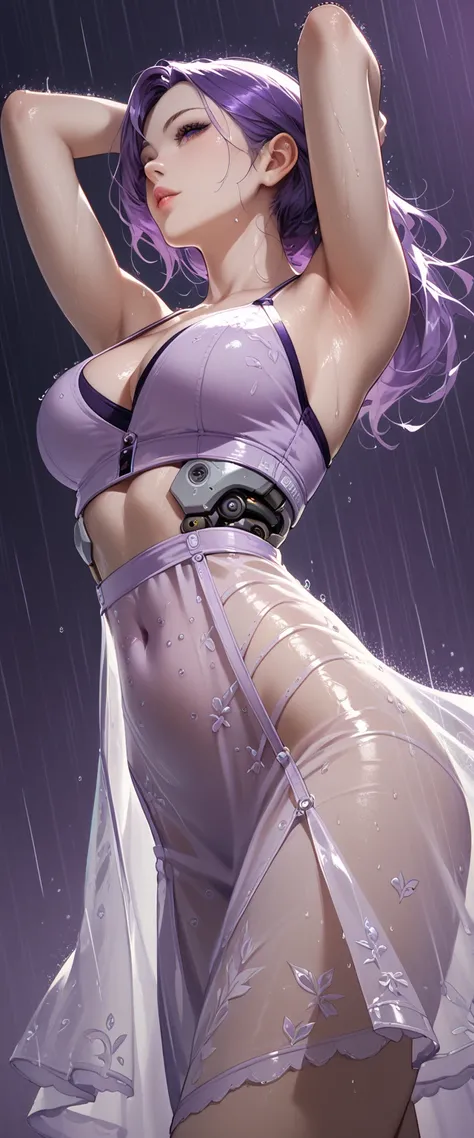 Thin, purple-haired female, cybernetic body parts, thin see-through dress, long slits up the sides, cleavage, blank dark purple background, intricate detail, yoga pose, low angle, close up, raining,