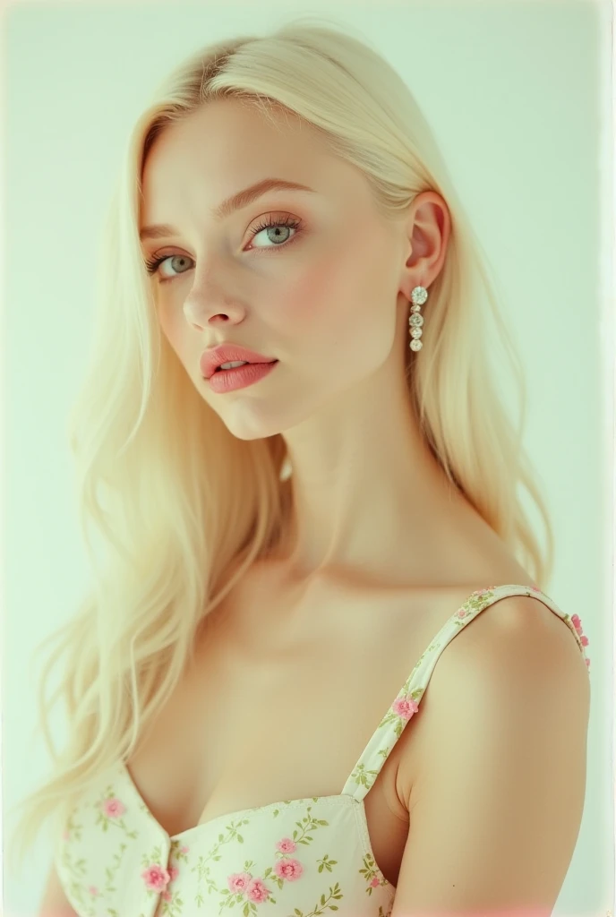 photograph of an attractive woman with long blonde hair, pale skin and large eyes wearing earrings and a dress, vintage sci-fi realism, white background, pastel colors, soft lighting, upper body shot, the Polaroid style