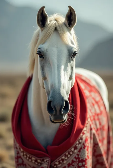 White horse wearing red and white Palestinian shawl, looking at camera, calm background