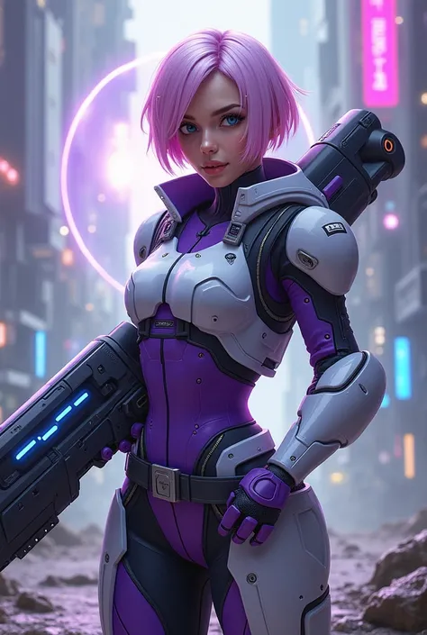 "A young female hero from a futuristic world, Kimmy has short, light pink hair with a slight gradient to purple at the tips. She wears a high-tech battle suit, primarily purple and white, with glowing accents of cyan. In her hands, she wields a large, futu...