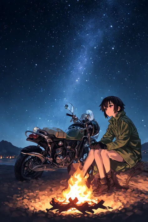  Kino ,Kino's Journey、young traveler, androgynous, short dark hair, green jacket, black gloves, sitting by a campfire, old motorcycle parked nearby, warm firelight, calm night, vast starry sky, soft anime lighting
