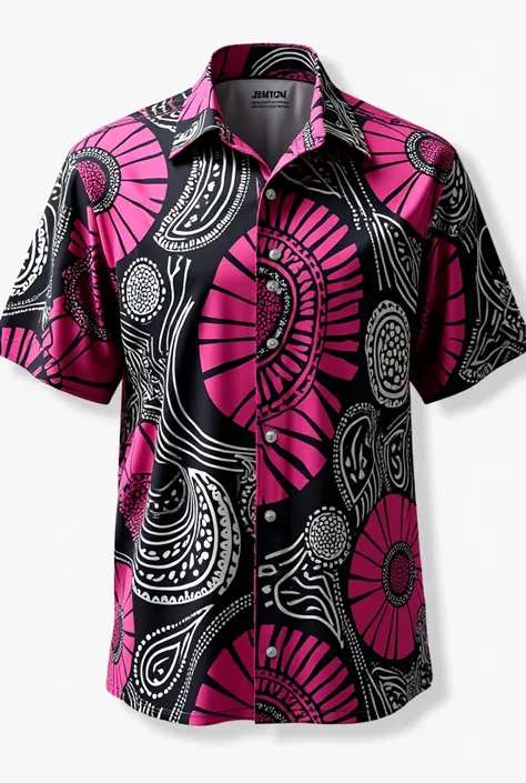 A shirt with black white and magenta fijian tapa designs 