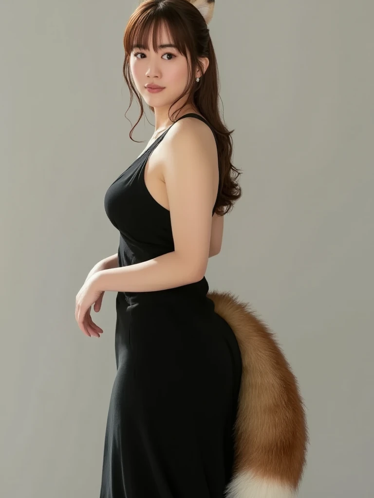 ((  top quality , 8k)), (( Juliet's sleeve 1 brown haired girl)), ((  photorealistic)), (Masterpiece),  perfect face , ((Woman with fox ears )), ((That woman has a tail )), foxgirl, (Her tail is big  ), ( That beautiful woman is smiling), She's a college s...