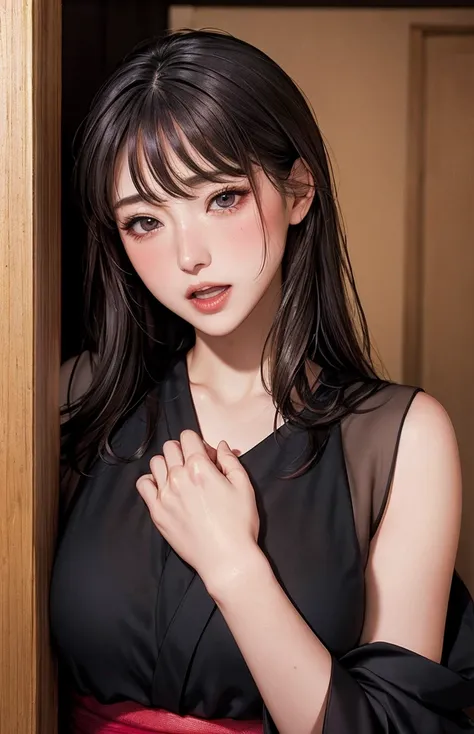 cowboy shot、woman 、Black kimono、Bare-dressed busty , ahegao:1.4, full-face blush, rape face,embarrassed:1.4,open mouth, dark room)))
((( Masterpiece))), ((  top quality)), (( 複雑な Details)), ((  super realistic realism )), , 成熟したwoman,  成熟したwoman,   see thr...