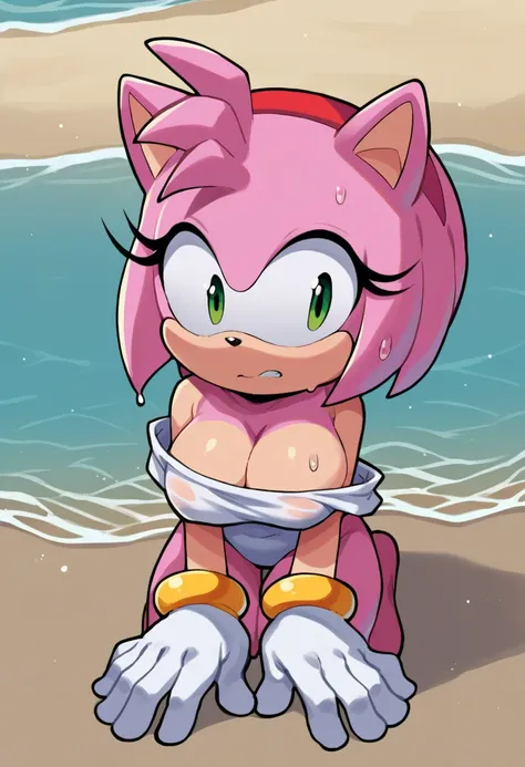 score_9, score_8_up, score_7_up, score_6_up, score_5_up, score_4_up, 1girl, solo, amy rose, wet, submerged in water, teeth, surprised, closed mouth, nervous, looking at viewer, exposed shoulder, beach, white swimsuit, pink hair, sonic (series), fuckwolfamy...