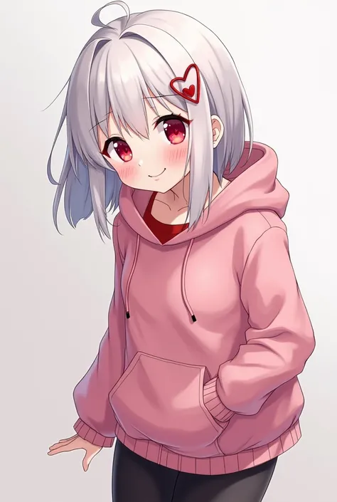 A minor girl, , wearing a pink hoodie with a red inner shirt and black tights to cover her legs, heart shaped hair clip, her hair is white shoulder length,  her eyes are bright red but not dangerous looking, just harmless,cocky dangerous smile (2D, Anime)