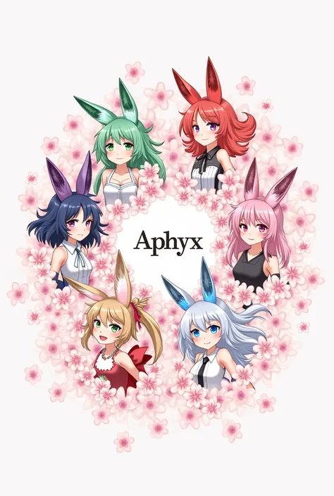 I would like to create a wallpaper of , 5 female and 1 male with fox ears with different colors, with drawings of Sakura and lotus flowers written Aphyx in the middle of them with cute letters