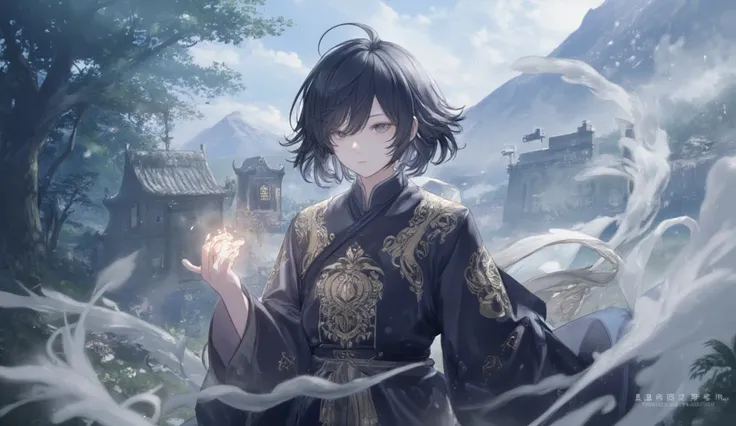 "Create an image of a young man in traditional Chinese clothing, standing in a mystical landscape. He has dark, shoulder-length hair with a slight wave, piercing eyes full of determination and mystery. His facial features are sharp, with a well-defined jaw...