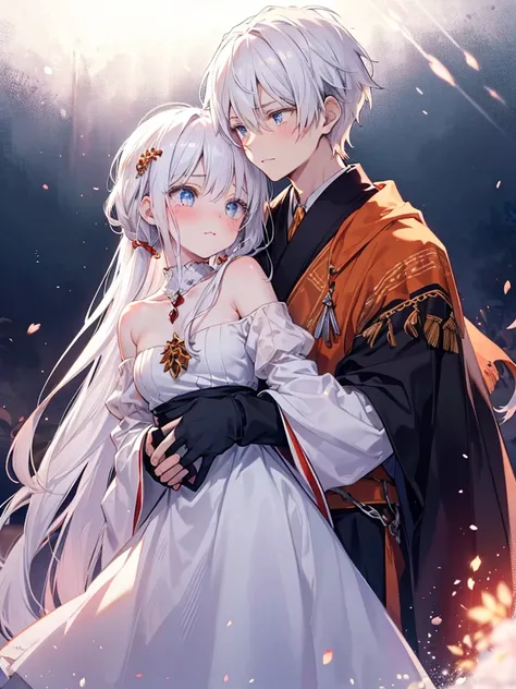 couple hugging each other as they are fading into the void, female: long flowing white hair, blue eyed tinged with a shade of lavender, golden ornaments, large pleading eyes, glistening and shining eyes, beautiful, princess, regal and royal white dress, ro...