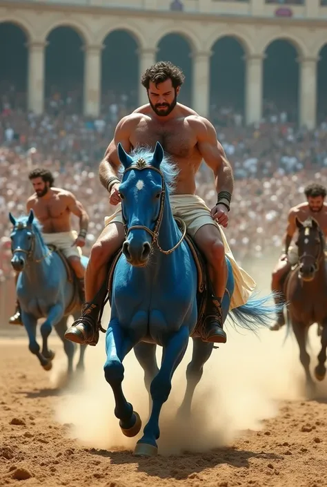 Henry Cavill, muscular and hairy, really hairy chest, hairy legs, hairy body, shirtless, dressed in a loincloth only, competing in a horse race, riding a cobalt blue unicorn in a race against other muscular and barely clothed hairy men, held in the Roman C...