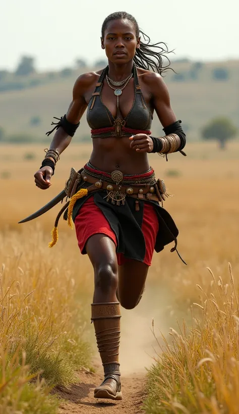 "A beautiful, sexy, big boobs, and fierce 13th-century Native Angolan assassin, aged 20, with a strong and athletic physique, running with agility and determination. Her expression is focused and intense, embodying the skills of a trained warrior as she sp...