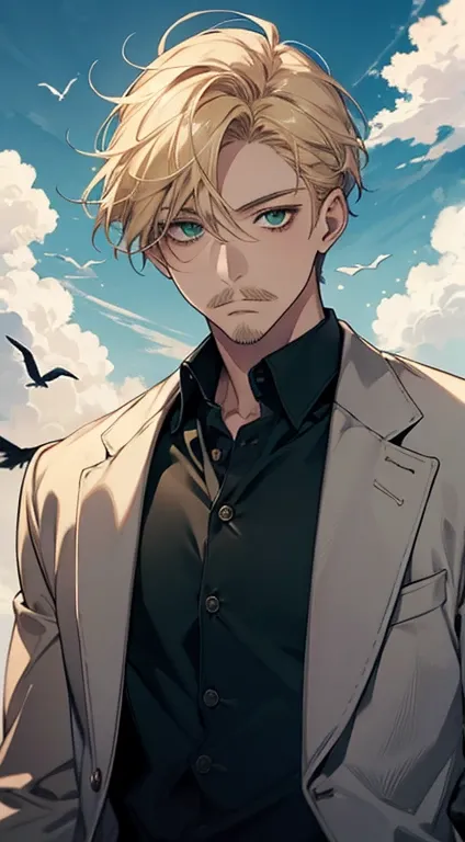 chibinaruto, 1 boy,  blond hair,  male focus ,  alone,  sky,  green eyes,  cloud, is,  mustache marks, bird, blue  sky,  Male , jacket,  outdoor,  upper body,  cloudy  sky