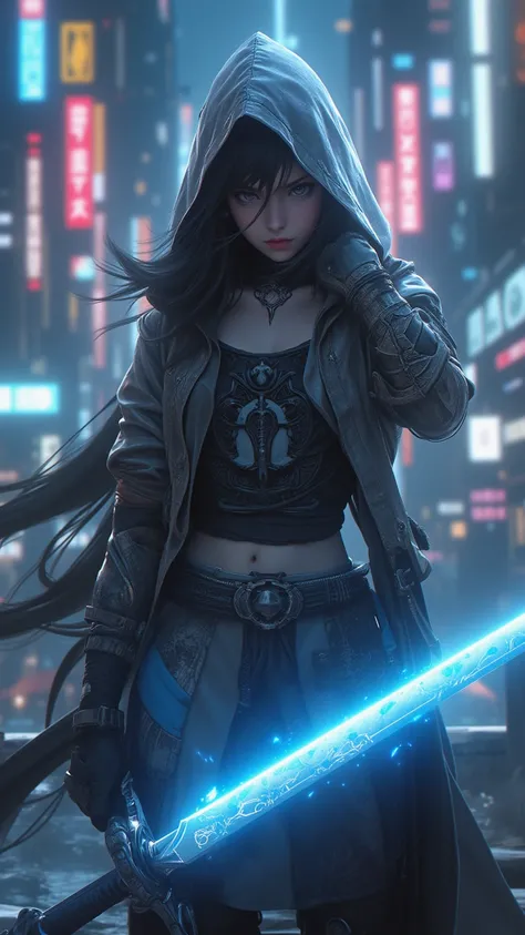   Ultra realistic full-body photo   ,  A young girl  ，身穿龐克風连帽Knights Templar裝,  holding a blue glowing sword ,Knights Templar， with Cyberpunk City as background 