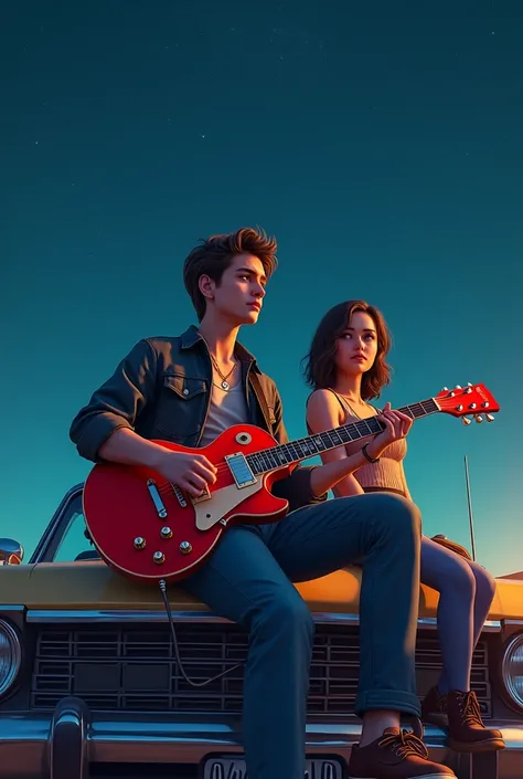 Create an image of an approximately 18-year-old rocker-looking boy sitting on the hood of a car under a starry night playing a red electric guitar with a girl of approximately 17 watching him

