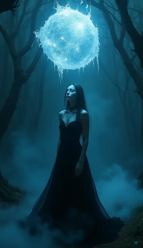 "A mystical ghostly woman stands in the darkness, wearing a flowing black gown that sways with an unseen force. Her ethereal form glows faintly, her pale, almost translucent skin contrasting against the deep shadows. Her eyes burn with an eerie light, and ...