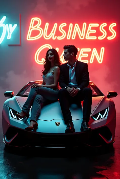 Make a pic in which couple sit on Lamborghini and background is written business queen of girl and Business boy of boy both  