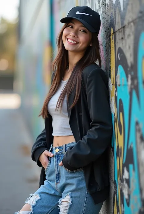 a beautiful Korean woman with straight hair wearing a Nike hat wearing a t-shirt jacket jeans long jeans ripped sneakers sweet smiling face is leaning against a roadside wall pose professional model background street graffiti 