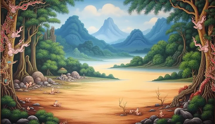 Mural Thai painting. Art. an empty land filled with swirling dust, has dense forest and mountains as a background. scary atmosphere.