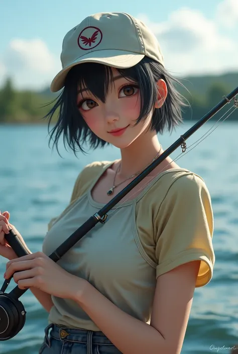  high resolution,  smiles,  Shortcut,Disheveled Black Hair , beautiful Japanese woman 、 Cap、fishing rod with reel、I'm in the middle of fishing for a fish that has eaten a lure　 Proximity Method,  Proximity Method,  American Style Posters ,  widescreen,  ba...