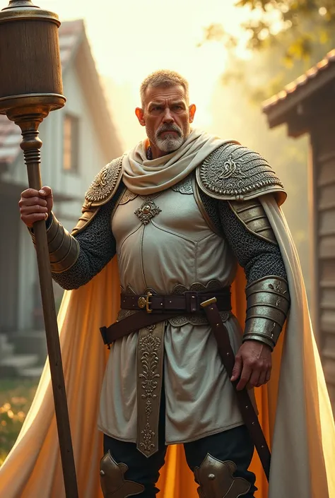 44 years old man, australian, pale skin, blonde short hair, wearing white chainmail, holding a greatclub, illuminated by divine light, in the village, morning