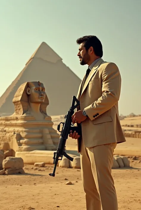 Tony Montana in front of the pyramids and the Sphinx, holding a machine gun directed towards trump, facing Donald Trump and saying to him, “You fuck with Egypt, You fucking with the best motherfucker.”