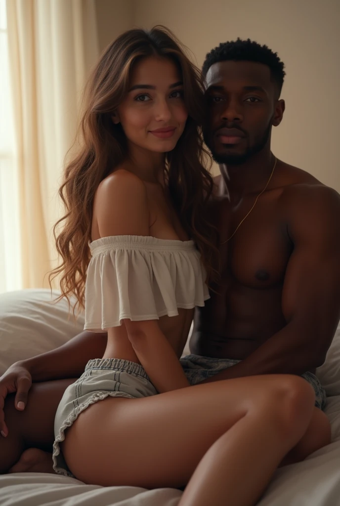 (photo realism:1.2) a beautiful young women with fair skin, gorgeous brown long wavy hair, mischievous smile, wearing loose off-shoulder top, super short pajama shorts, sitting on a 30yr old African American man’s lap, he’s shirtless, on a bed, evening lig...