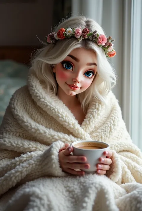 Matin d'hiver douillet dans une belle maison, Une belle femme aux cheveux blancs courts ondulés avec un bandeau en fleurs, enveloppée dans une couverture avec une tasse de café chaud se reveille doucement.