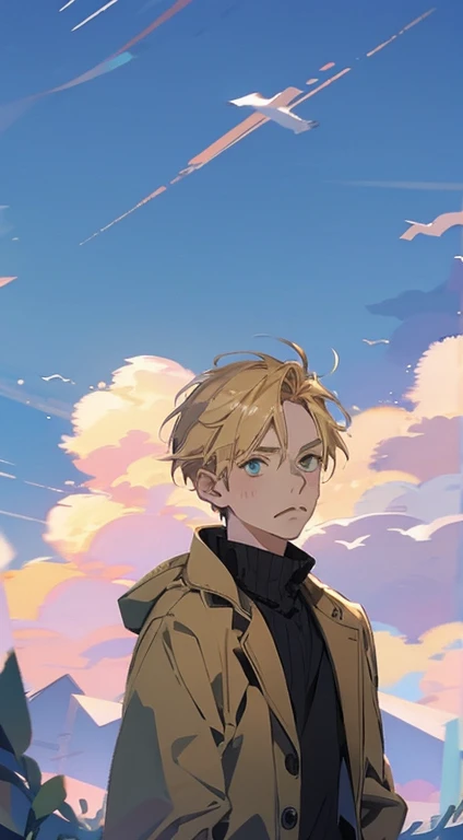 chibinaruto, 1 boy,  blond hair,  male focus ,  alone,  sky,  green eyes,  cloud, is,  mustache marks, bird, blue  sky,  Male , jacket,  outdoor,  upper body,  cloudy  sky