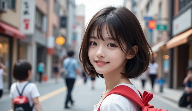 Close-up、７ year old girl、 red backpack、 Short Black Hair 、Street Corner Scenery 