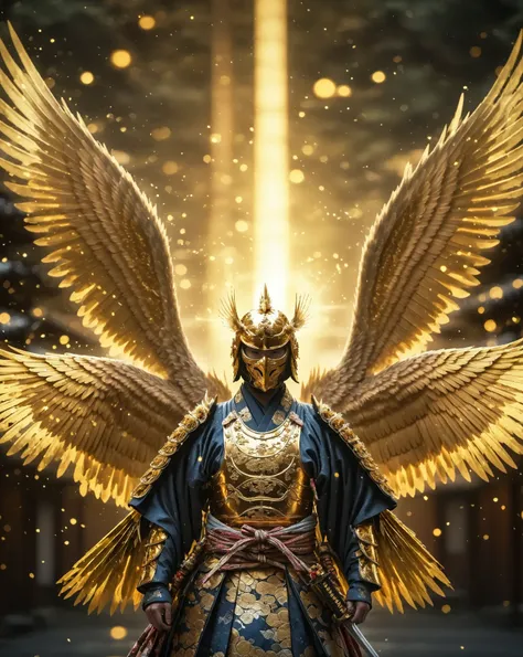  Young Man in Kimono Meets 、Combine, Shining Golden Crow .  perfect detail , ((full armor with Shining Golden Crow  feathers)), ((  Golden Crow Full Face Mask  )), ((Golden Wings)), ((  Dual Golden Japanese Sword  , one with each hand ))   and Quiet Fighti...