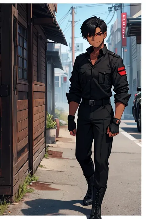 male, black short hair, red eyes, dark skin, (((1boy))), (((black military shirt with sleeves rolled up))), (black fingerless gloves), (black military pants), (black military boots), long legs, smiling, on the battlefield