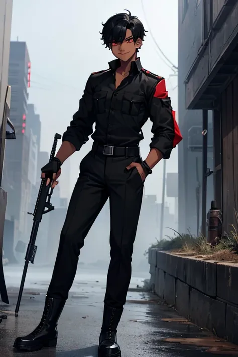 male, black short hair, red eyes, dark skin, (((1boy))), (((black military shirt with sleeves rolled up))), (black fingerless gloves), (black military pants), (black military boots), long legs, smiling, on the battlefield