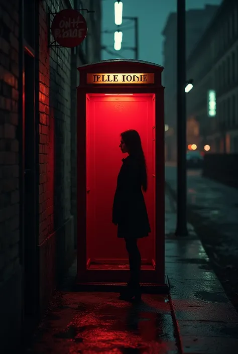 A red telephone right in the center and in the background a mysterious and dark street and a feminine silhouette chorea