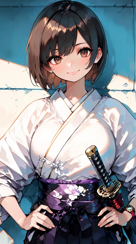  1 girl, Alone,  Japanese Clothes,  short hair, arms, sword,  brown eyes,  watches viewers,  kimono,  brown-haired , lips,  put hands on hips , sheath, smile, Katana,   black hair,  upper body,  Closed Mouth, sheathed,  hand against the wall  