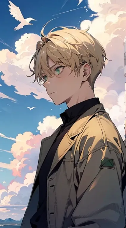 chibinaruto, 1 boy,  blond hair,  male focus ,  alone,  sky,  green eyes,  cloud, is,  mustache marks, bird, blue  sky,  Male , jacket,  outdoor,  upper body,  cloudy  sky