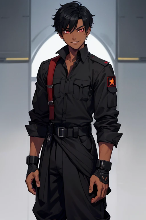 male, black short hair, red eyes, dark skin, (((1boy))), (((black military shirt with sleeves rolled up))), (black fingerless gloves), (black military pants), (black military boots), long legs, smiling, on the battlefield