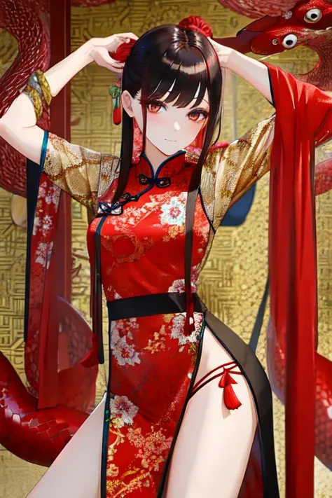 Snake cloth, red snake, beautiful Chinese girl, in the new Chinese year (masterpiece, best quality:1.3)