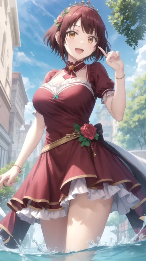 Masterpieces, Best Quality, girl, looking at viewer, yamada_ brown, solo, short hair, Brown hair, Brown Eyes, large breasts, princess connect Re:Dive cosplay, princess Dress, standing, smile, open mouth, outdoors 